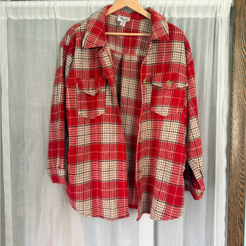 Red & Cream Plaid Button-Up Shacket